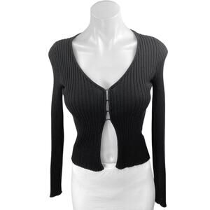 Superdown Women's Black Long Sleeve Ribbed Knit Cardigan Cardian Crop Top Size S
